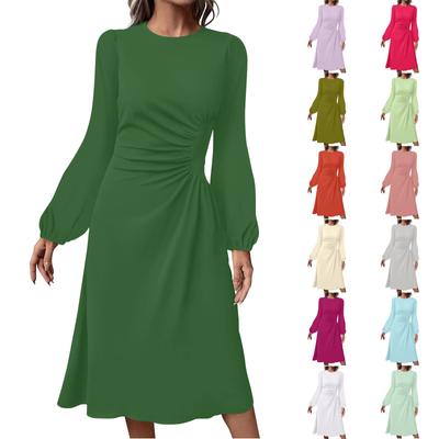 Women's Fashion Casual Solid Color Round Neck Long Sleeve Midi Dress