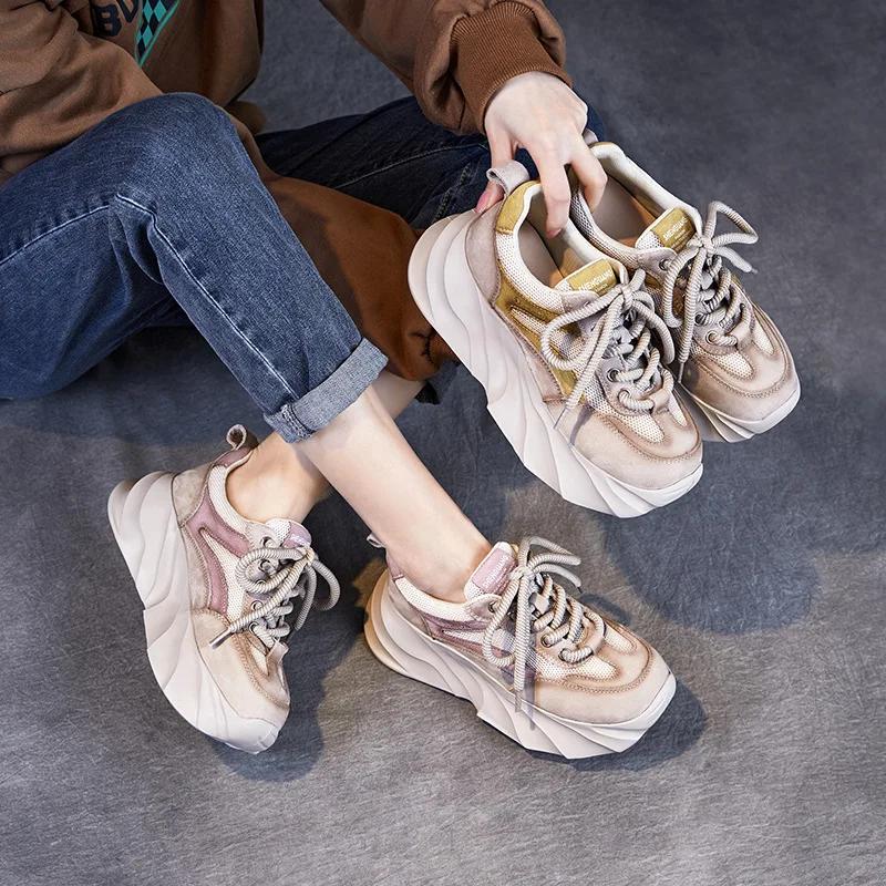 Fashion 5.5CM Women Mixed Colors Genuine Leather Spring Casual Sneakers Lace-Up Air Mesh Thick Sole Wedges College Style Platform Shoes
