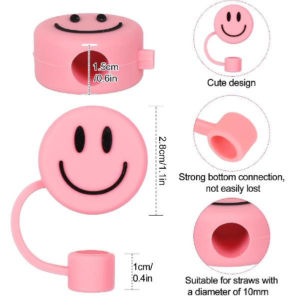 Whaline 6Pcs Smile Face Straw Covers Pink Green Silicone Reble Round Straw Topper Gradient Color Double Sided Pattern Straws Tips Covers 10mm 0.4