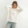 European and American women's clothing white sweet wind pink three-dimensional bow round neck pullover sweater knitted sweater customization