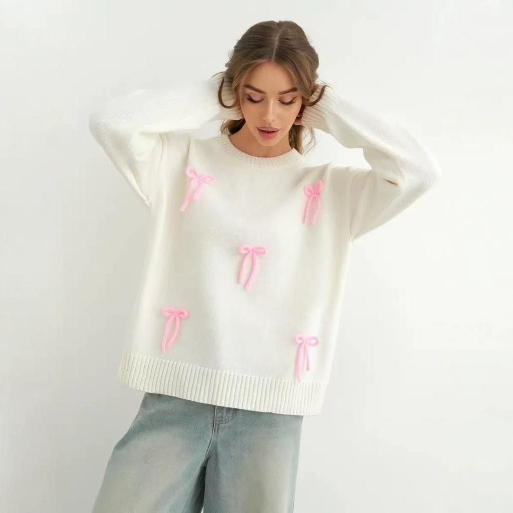 European and American women's clothing white sweet wind pink three-dimensional bow round neck pullover sweater knitted sweater customization