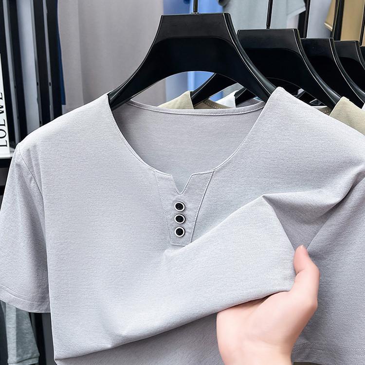 Men's Summer Crew Neck Solid Color Casual Short Sleeve T-shirt, Versatile Korean V-neck Style