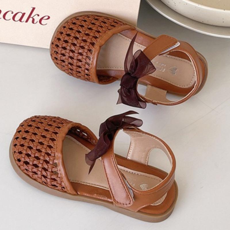Summer Girls Closed Toe Woven Bird Nest Sandals Hollow Bow Decor Kids Beach Shoes