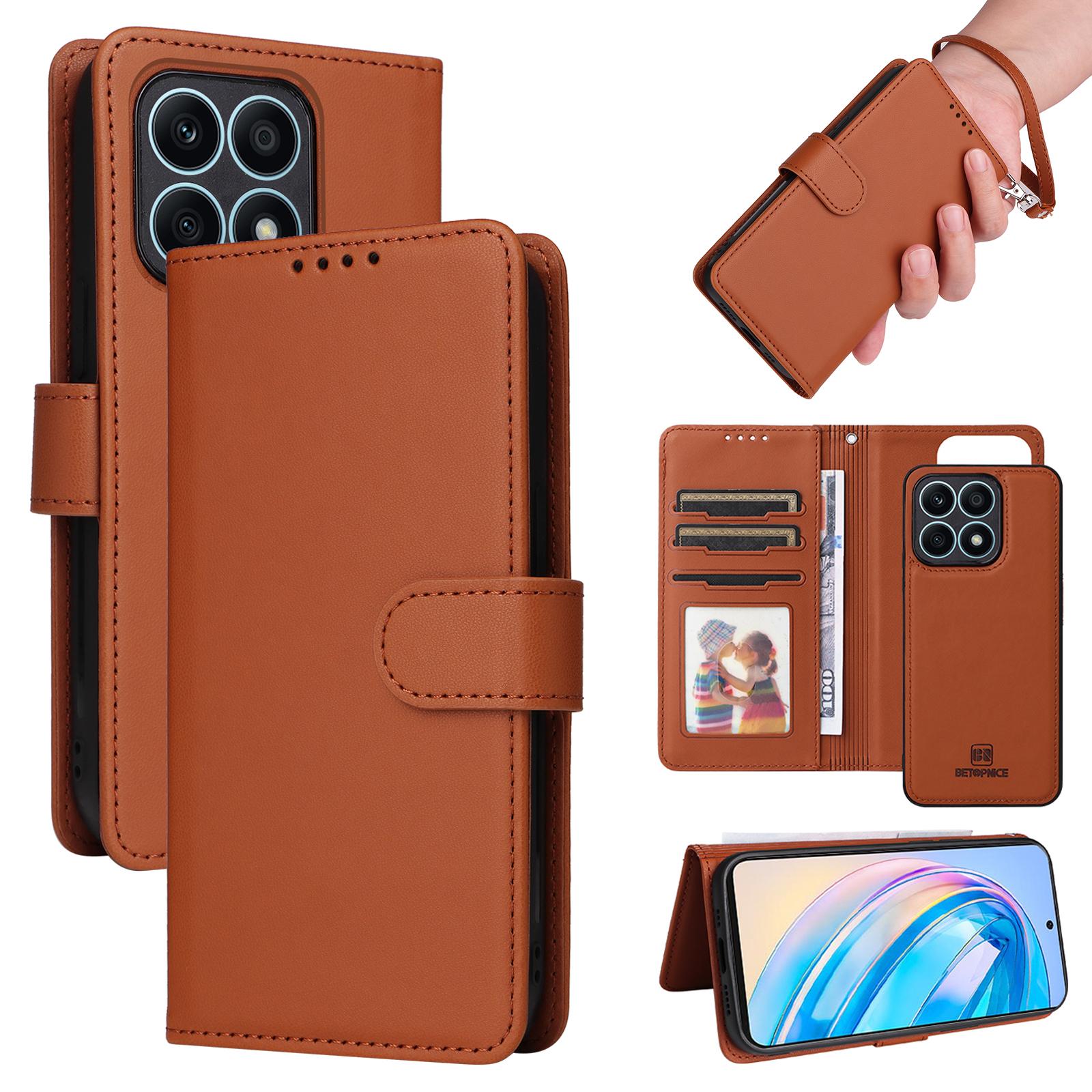 

For Honor X8a 4G Magnetic Case BETOPNICE Detachable PU Leather Phone Cover with Strap Brown