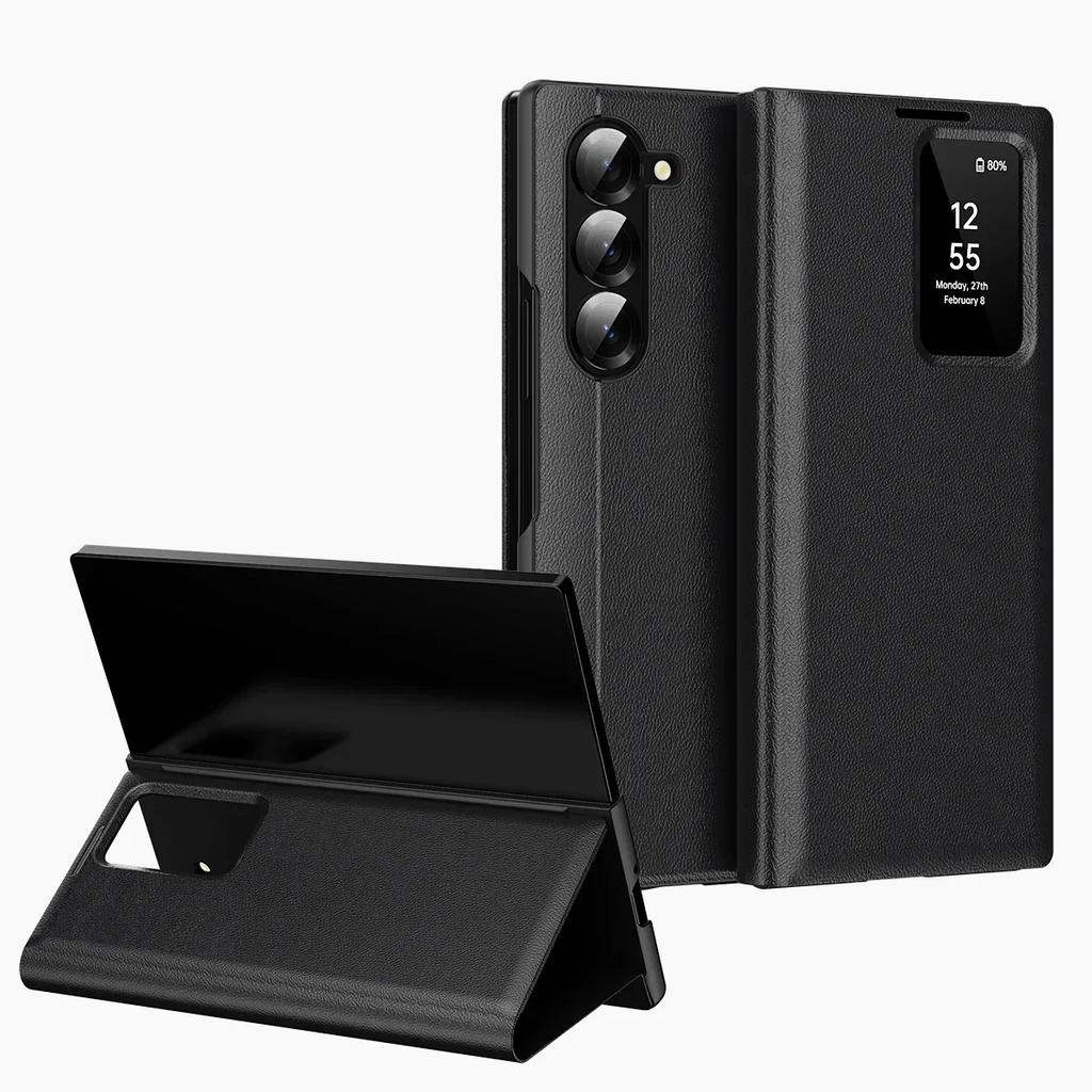 Official High-end Business Leather Smart View Windows Wallet Flip Case For Samsung Galaxy Z Fold 7 6 S25 Ultra S23 Plus S24 FE Anti-fall Protect Cover