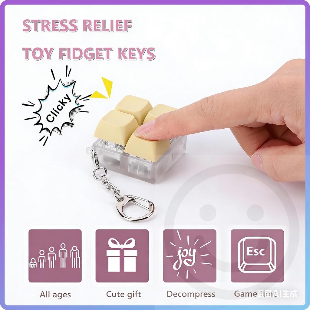 Clicky Fidgets Keychain with RGB Lights Anti Stress Light Up Keyboard Button Key Chain Stress Relief Toy For Office Accessories