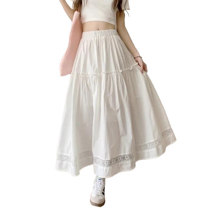 Жіноча літня біла спідниця А-силуету з ажурним мереживом - Висока талія, Повсякденна, Довгий розкльошений дизайн