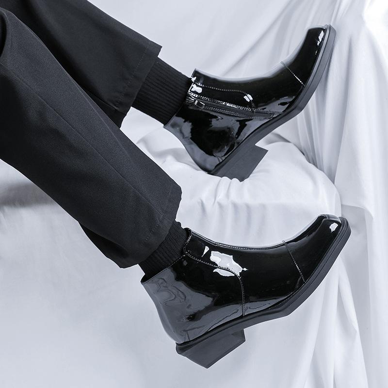 Men's Fashion Hip Hop Rock Dress Chelsea Boots Black Trendy Patent Leather Shoes Cowboy Ankle Boot Designer Autumn Winter Botas