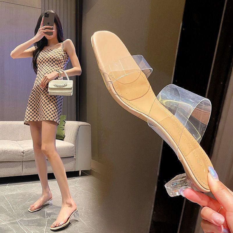 Transparent Sandals Women's 2025 New Fashion Summer High Heels Sexy Thick Heel Crystal Heel Cool Slippers Fairy Style