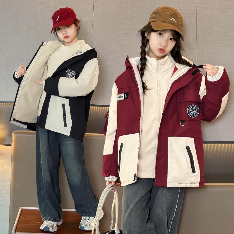 Girls' jacket 2 new autumn and winter cotton medium and older children's fleece waterproof removable three-in-one children's jacket
