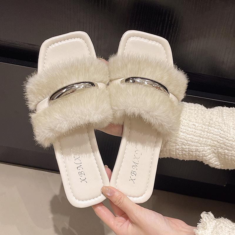 

Fashion Classic Slippers for Women Slides Daily Flat Low Heels Shoes Woman Solid Metal Decoration Winter Shoes Plus Size 42