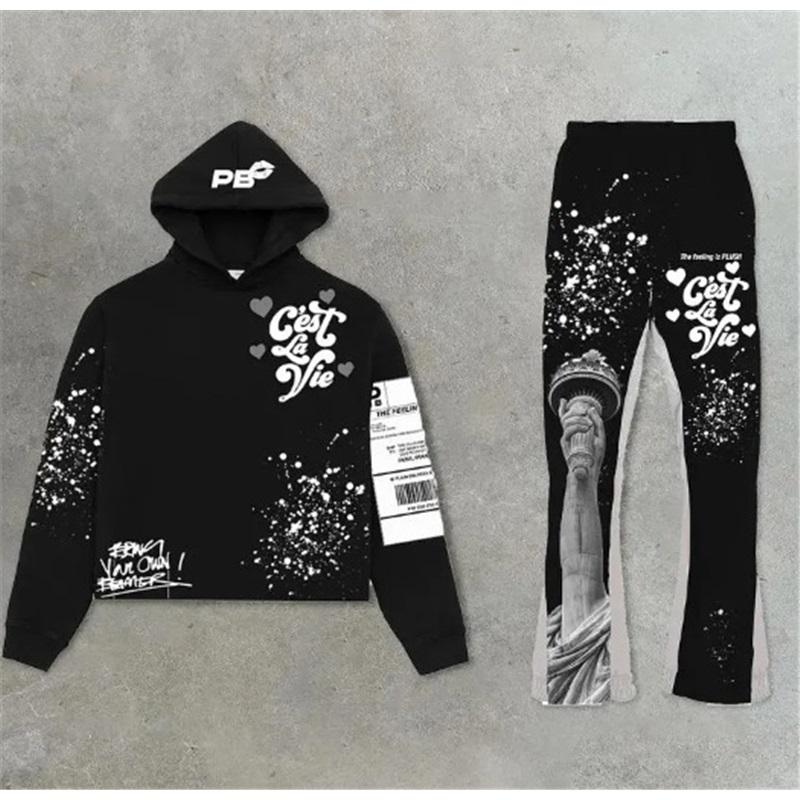 

Мужская мода с капюшоном, расклешенные брюки, спортивный костюм, комплект с капюшоном для пар, стильная спортивная одежда, повседневный наряд S