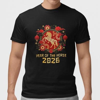 Chinesisches Neujahr 2026 Jahr des Pferdes T-Shirt Mond-Zodiac Grafik-T-Shirt
