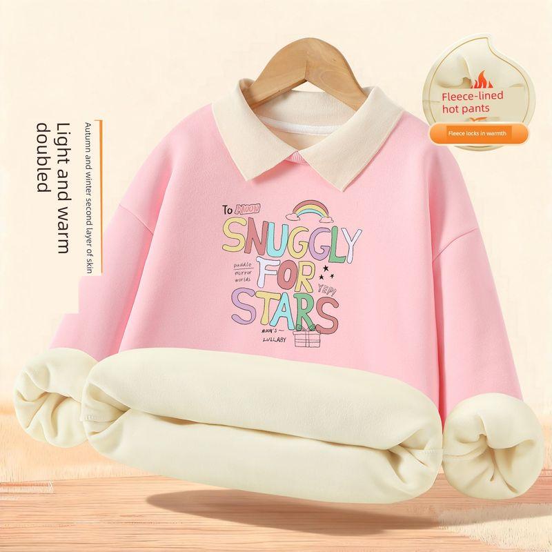 Girls' Sweatshirt Autumn and Winter Style A-Class Children's Autumn Clothing Fleece-Lined Thickened Warm Long-Sleeve T-Shirt Girls' Collared Top