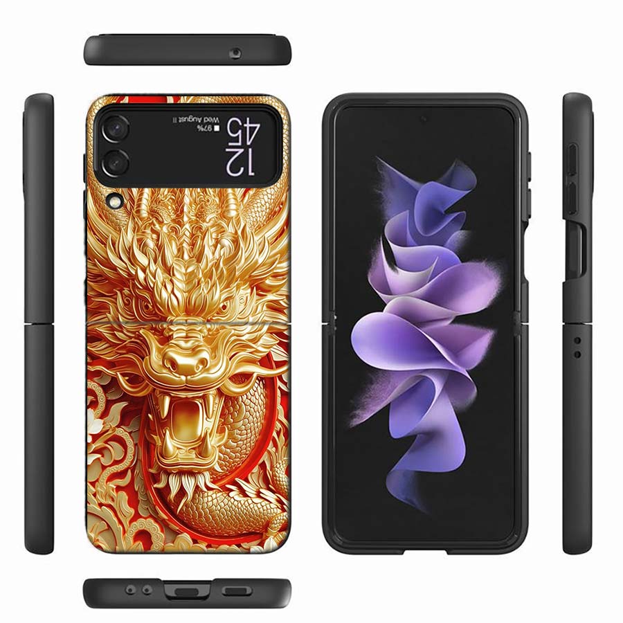 Golden Holy Dragon Phone Case For Samsung Z Flip 6 7 5G Z Flip 5 Galaxy Z Flip 3 4 5G ZFlip Shockproof Hard Cover TPU PC Coque C