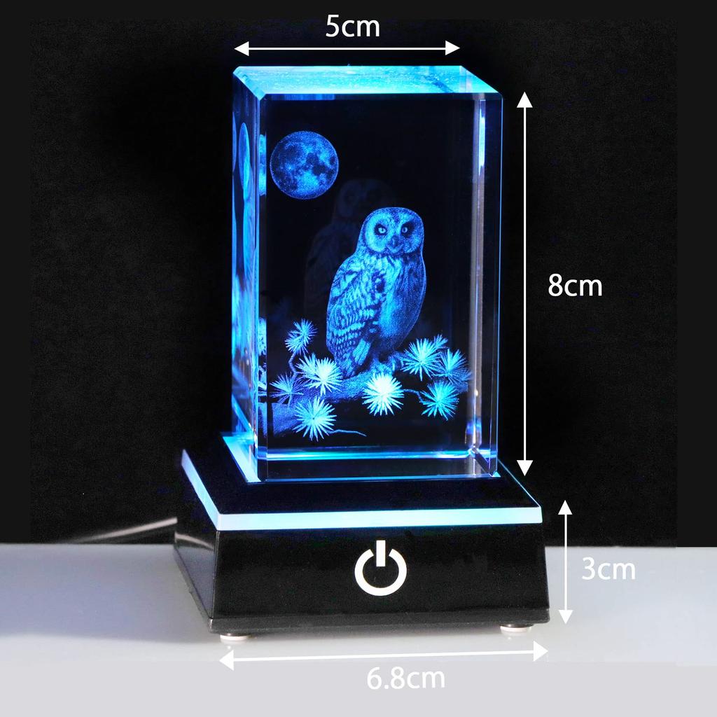 Kertari Birthday Gift for Women and Men - Popular Owl Figurine [Authentic] K9 Crystal Owl Ornament with LED Light Base, USB Charging, for Entrance, Lu