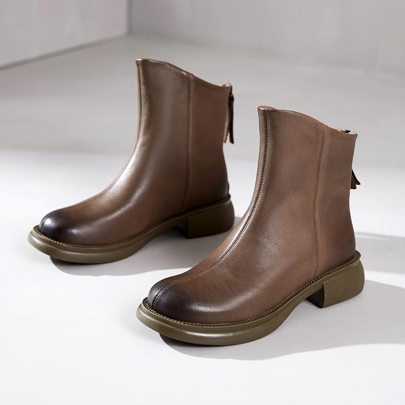First layer cowhide Chelsea boots women's 2025 autumn and winter new khaki retro leather short boots women's leather boots