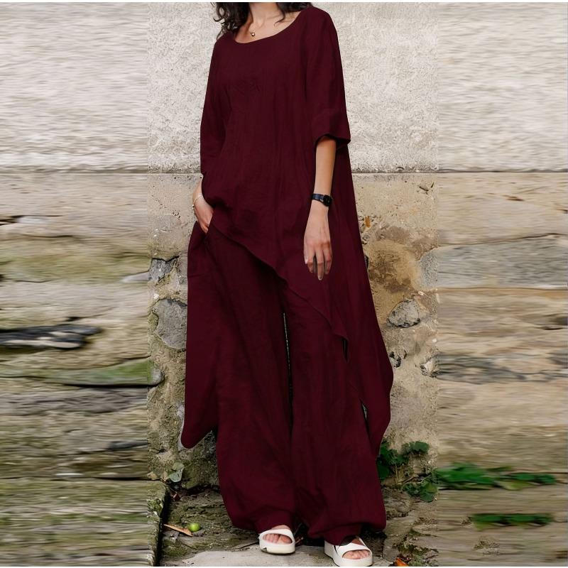 Conjunto de dos piezas de lino de color liso, manga media irregular, para mujer, traje de pantalón ancho informal de gran tamaño