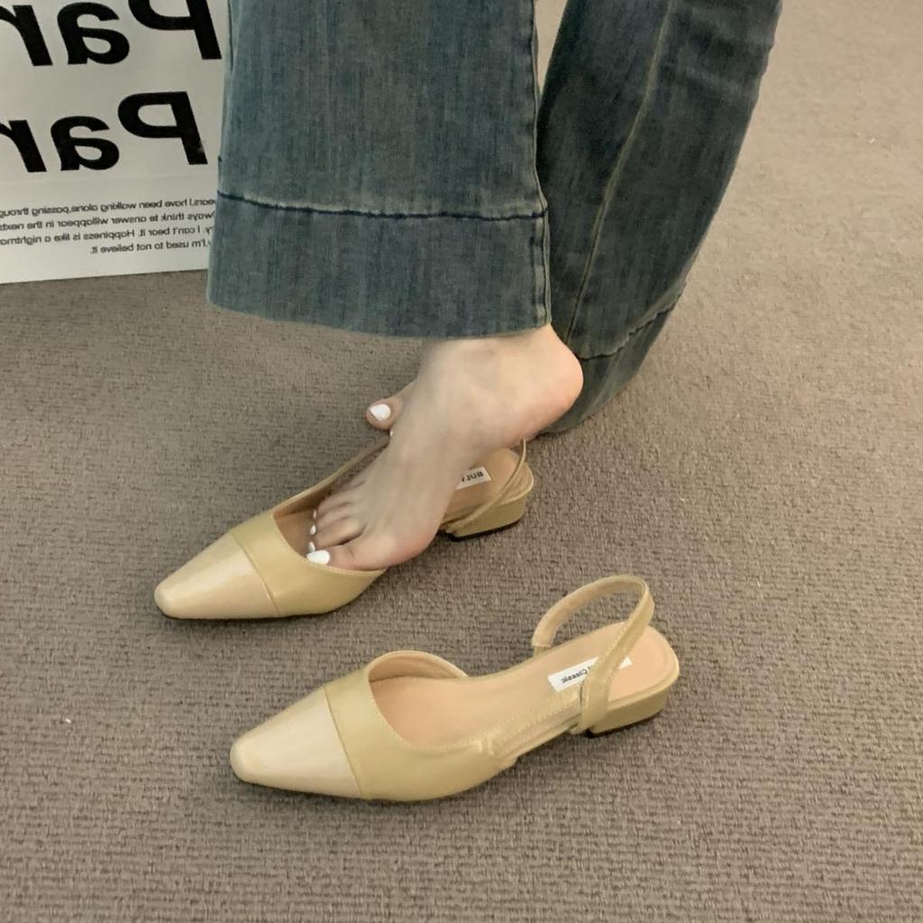 Women's French-Style Nude Pointed Toe Chunky Heel Sandals