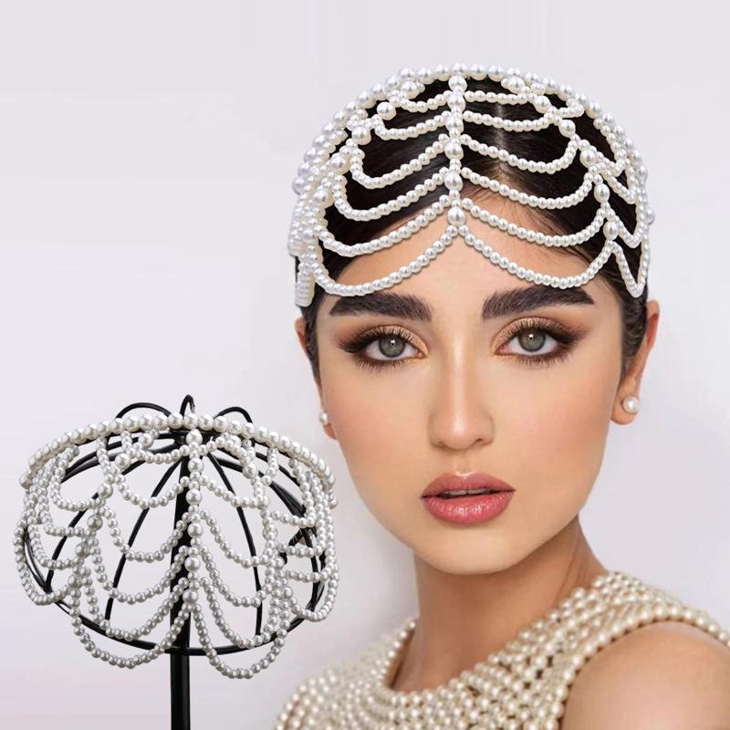 Fashion Pearl Beaded Tassel Hollow Out Headband Forehead Decoration Daily Style Hair Accessories Hot Sale