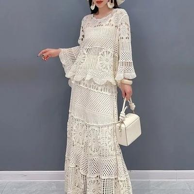 Spring Summer Women's Lace Set With Hollow Top Swing Long Skirt 2 Piece Set Elegant Lady Two Piece Set