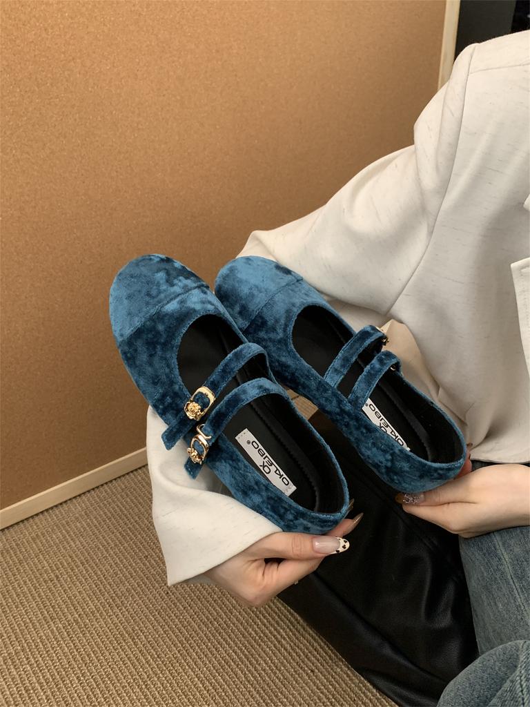 Französische Retro-Samt-Mary-Jane-Ballerinas mit doppelter Schnalle, Damen 2025 neu, Nischen-Allrounder, Oma-Schuhe