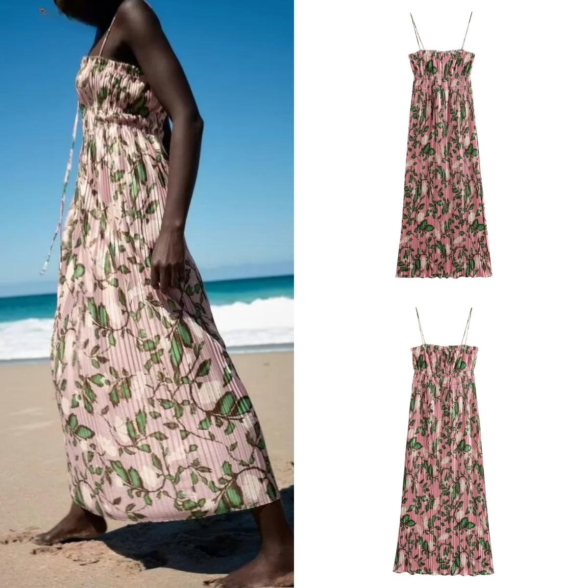 

2024 Лето Новый продукт Женское Модное Повседневное Приталенное Платье с Квадратным Вырезом и Печатным Мелким Складчатым Подтяжками Платье