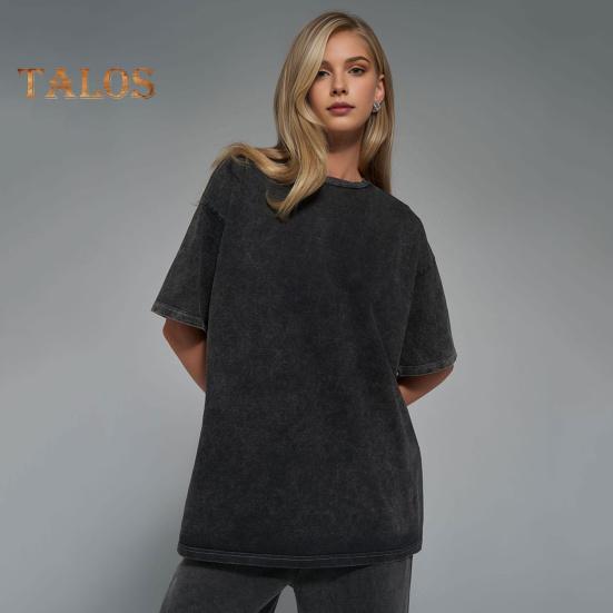 Damen T-Shirt Rundhals Kurzarm Loose Fit T-Shirt Einfarbig Washed Distressed Retro Pullover Tops Streetwear