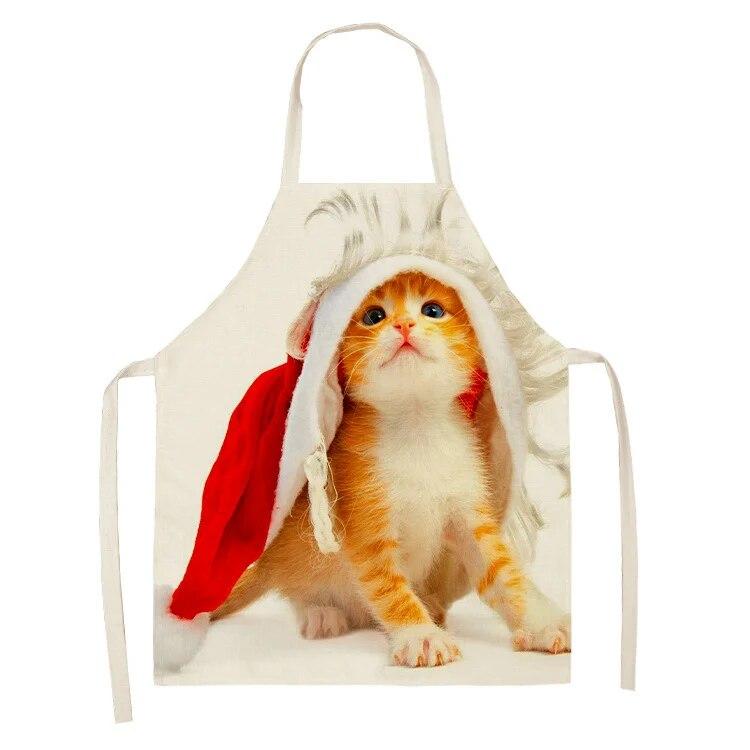 Simple Red Hat Cat and Dog Pattern Women's Kitchen Apron Linen Clean New Year 2022 New Apron