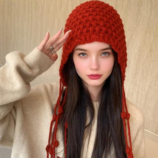 Women Crochet Slouchy Skull Cap with Tassel Handwoven Textured Knit Hat Ethnic Style Fringed Hat for Autumn Winter