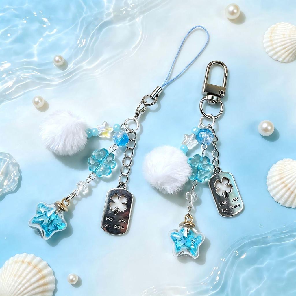 Dreamy Ocean Keychain: Blue Glass Wishing Bottle & Fur Ball Charm Phone Pendant