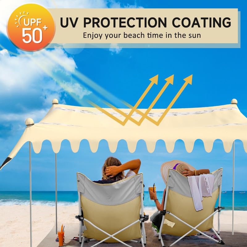 VILLEY Tarp Beach Tarp Beach Sunshade Beach Tent for 4 To 6 People Tarp Tent with 4 Poles UV Protection UV Cut Shading Ventilation Sun Shade Sun