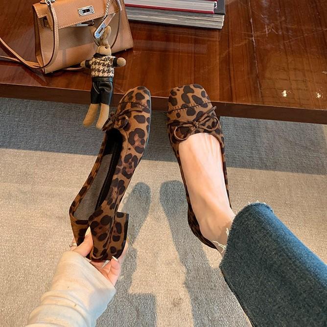 Super Soft Lambskin Leopard Print Genuine Leather Mary Jane Single Shoes Women's French Bow Ballet Style Flat Shoes Soft-soled Ladyshoes