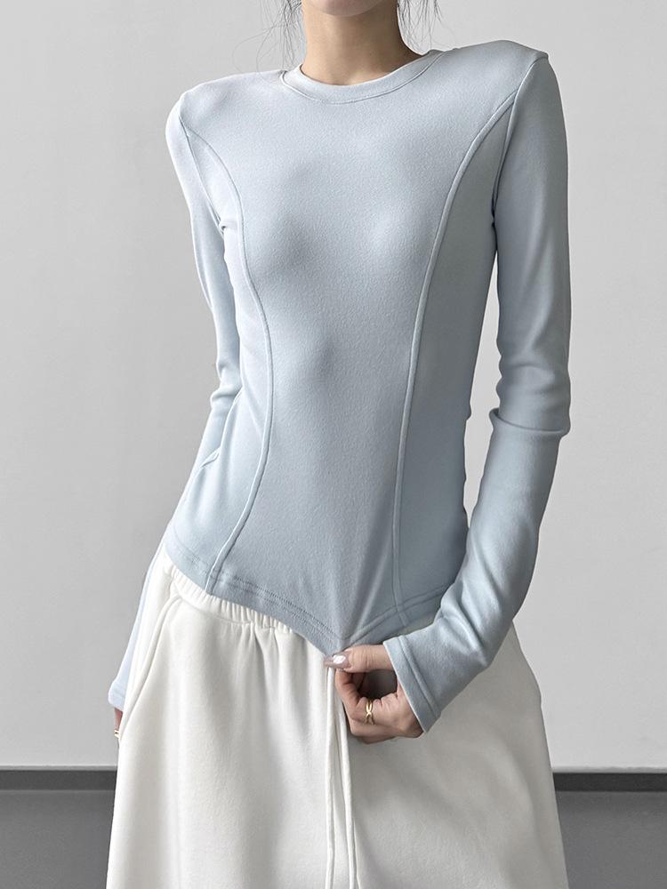 2025 Winter Women's Slim Fit Plus Velvet Long Sleeve Round Neck T-shirt