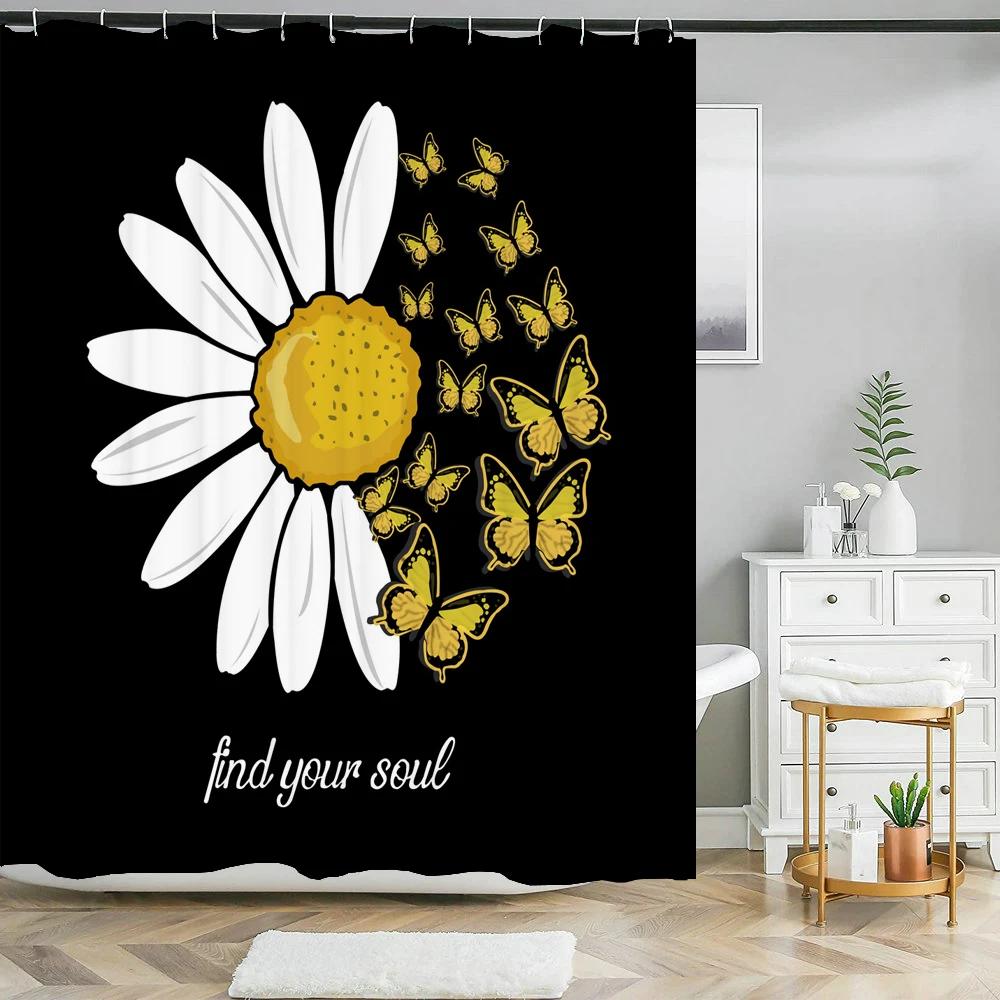 Plant Sunflower Butterfly Flowers Shower Curtain Print Modern Nordic Minimalist Polyster Home Decor Bathroom Curtain with Hooks