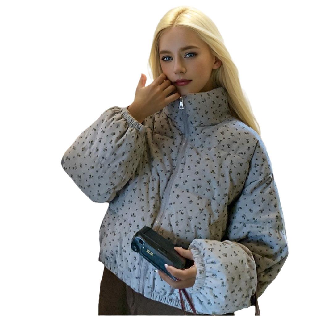 Trendy Dunjakke Dame Ny Kort Mote Floral Bomullsjakke Løs Fortykket Varm Jakke