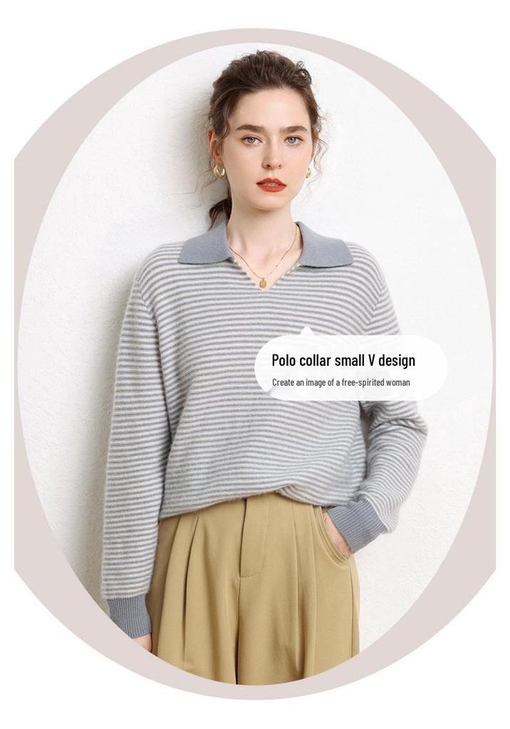 Women's Color-Block Lapel Knit Sweater: Loose Long Sleeve Stripe Base Layer for Autumn/Winter