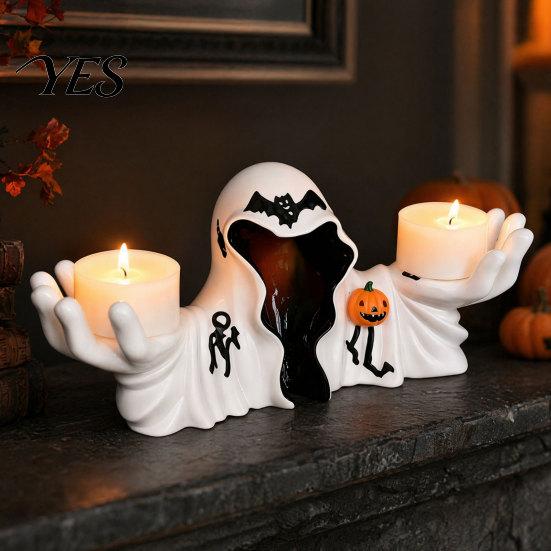 Halloween Ghost Figurine White Robe Figurine, Spooky Wizard Decorative Resin Statue, Gothic Sculpture Candle Holder, for Home Bedroom