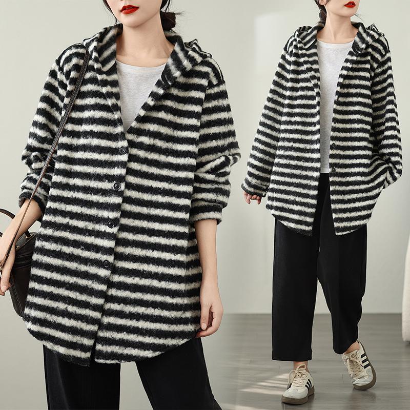 

DIMANAF 2025 Новые осенне-зимние женские пальто и куртки больших размеров, хлопковые, толстые, с длинным рукавом, свободные, повседневные, верхняя одежда, винтажные, в полоску one size чёрный