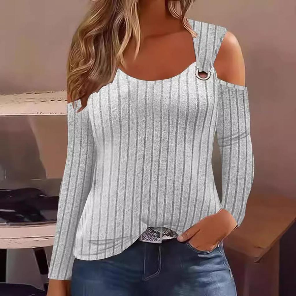 Damenmode Lässig Einfarbig V-Ausschnitt Metallknopf Streifen Langarm T-Shirt