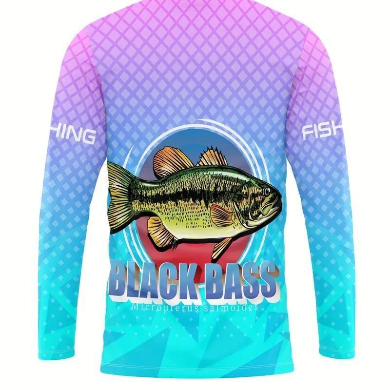 Mens Gradient Black Bass Fishing Graphic Long Sleeve Breathable Outdoor T-Shirt Digital Print