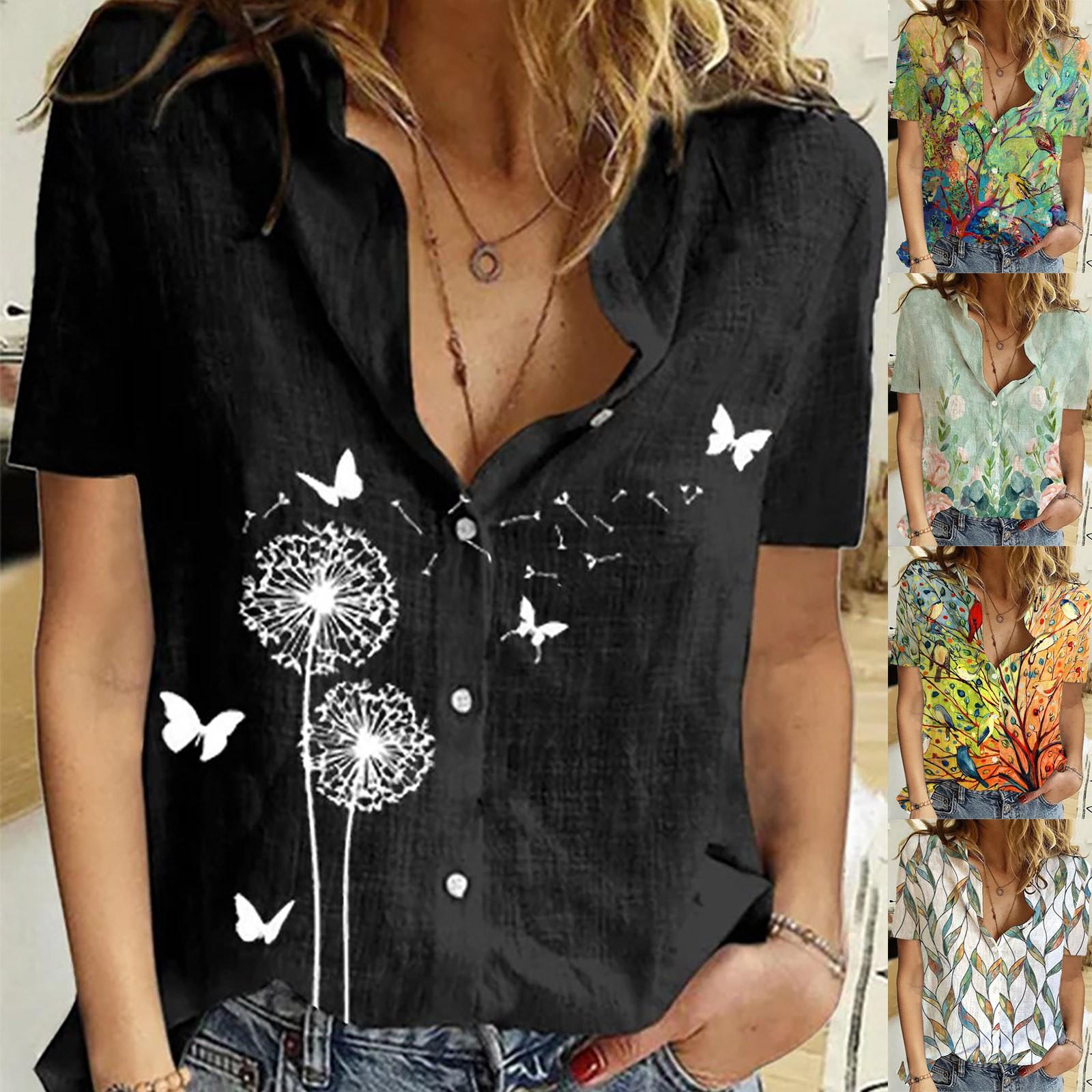 

Женская повседневная модная свободная однобортная рубашка с короткими рукавами с лацканами и принтом