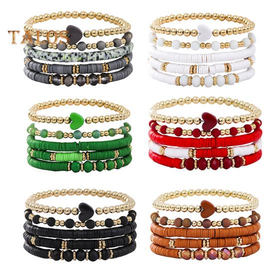 5 Pcs Bohemian Bracelets Polymer Clay Multi-layer Stacking Heart Beads Contrast Color Jewelry for Beach Work Party Vacation