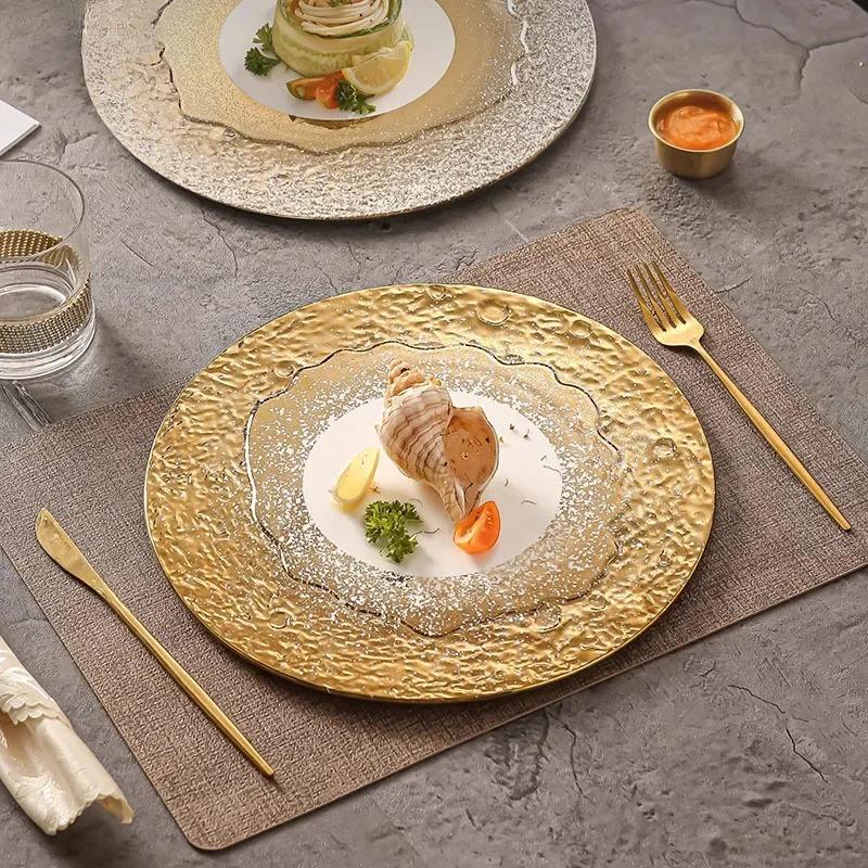 Steingemustertes Weißgold Keramik Flacher Teller Steakteller Dessertteller Sushi-Schale Kochplatten Restaurant Kreatives Geschirr