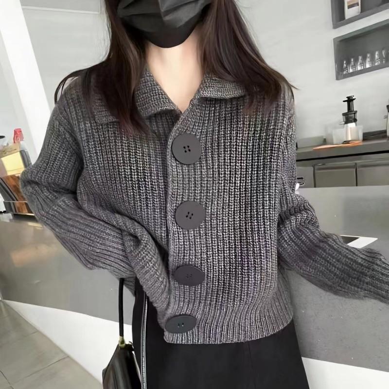 Herbst und Winter Damen Langarm Loose Fashion Großknopf Revers Strickjacke Jacke Pullover