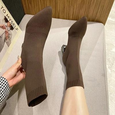 Herbst Winter Dicke High-Heels All-Match Dünne und Dünne Stiefel Damen Spitz Zehe Mittelrohr Elastische Socken Stiefel Frauen