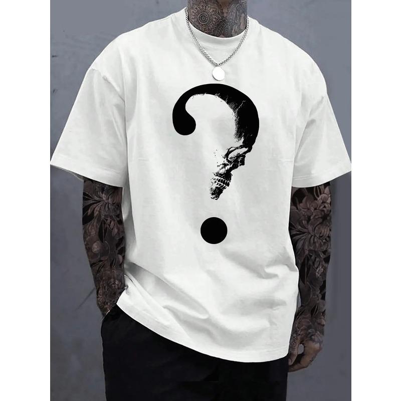 Men's Streetwear Skull & Question Mark Graphic T-Shirt - Soft Cotton Regular Fit Short Sleeve Tee, Breathable Summer Casual Top for Casual Attire