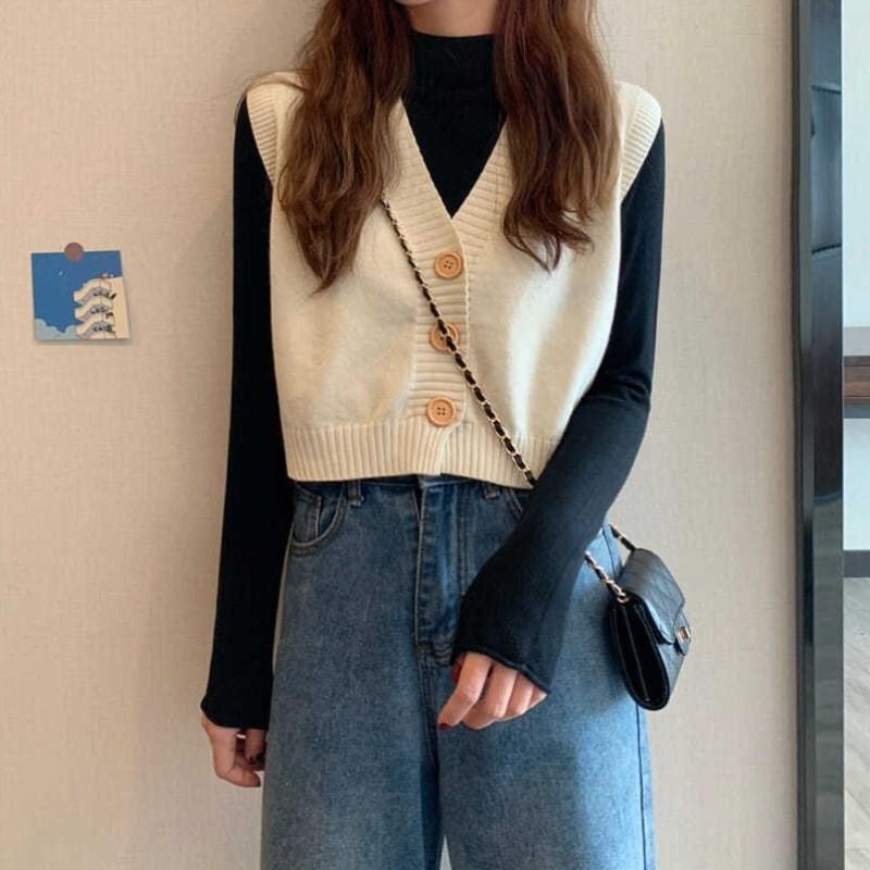 

Свитер вязаный жилет женский однотонный свободный кардиган с v-образным вырезом короткий свитер элегантный однобортный свитер без рукавов милые женские базовые топы S бежевый