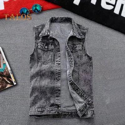 Men Denim Waistcoat Lapel Sleeveless Flap Pockets Vest Coat Ripped Holes Single Breasted High Street Style Denim Vest