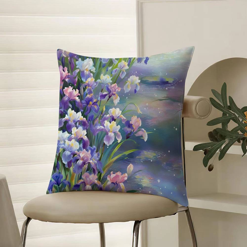 

Natural Beautiful Flowers Iris Pillow Case Comfort Sofa Bed Silky elegant Invisible zipper Decorative cushion cover 12x12Inch